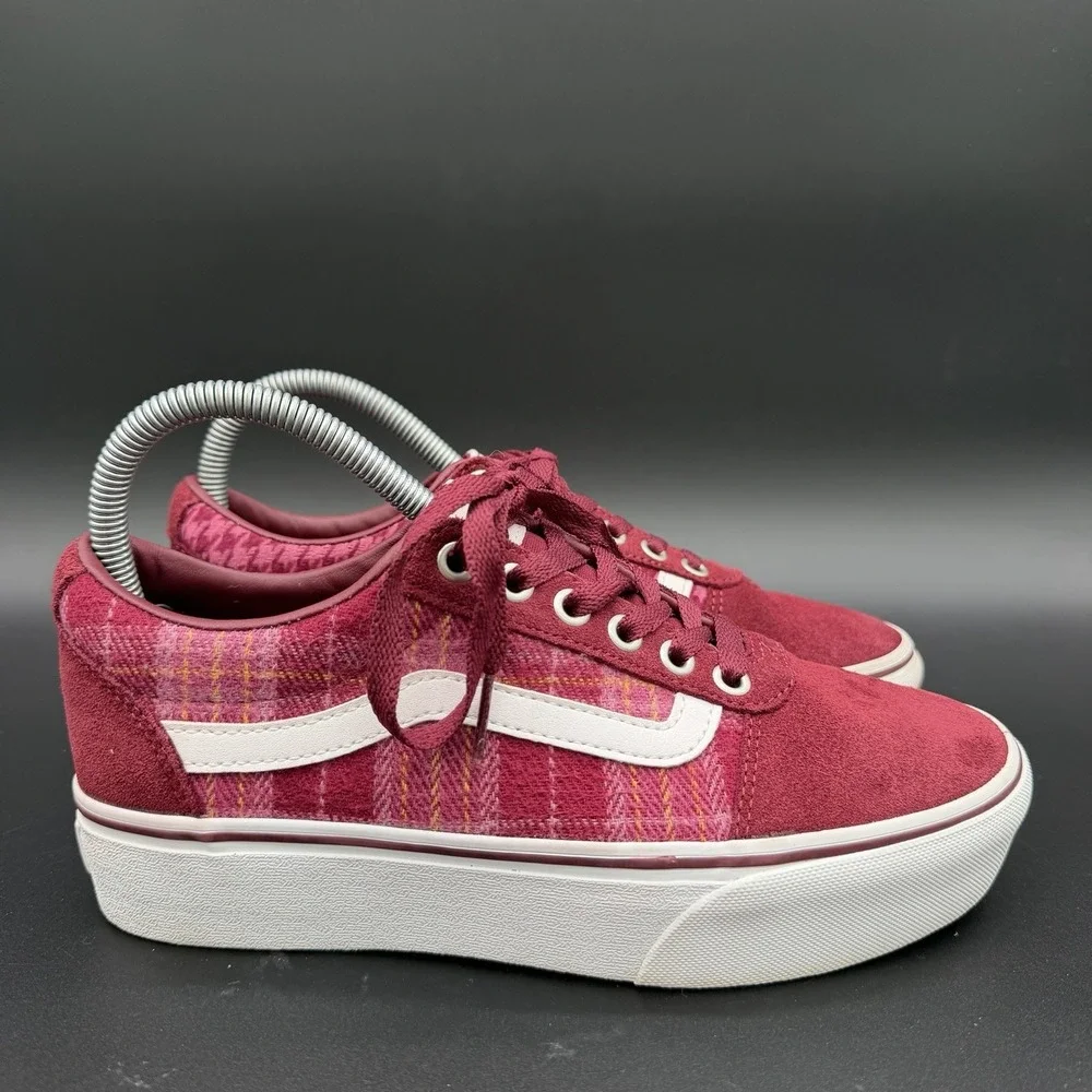 Vans Old Skool Ward Platform Women's Size 7 Burgundy Suede Plaid Mix Sneakers